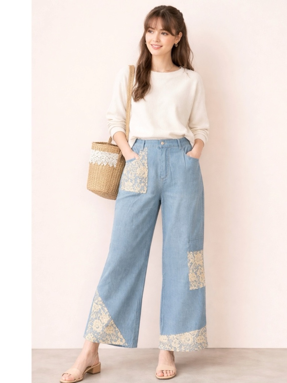 New Davi & Dani Lace Appliqué Wide Leg Women’s Jeans Boho Denim Large 33x27